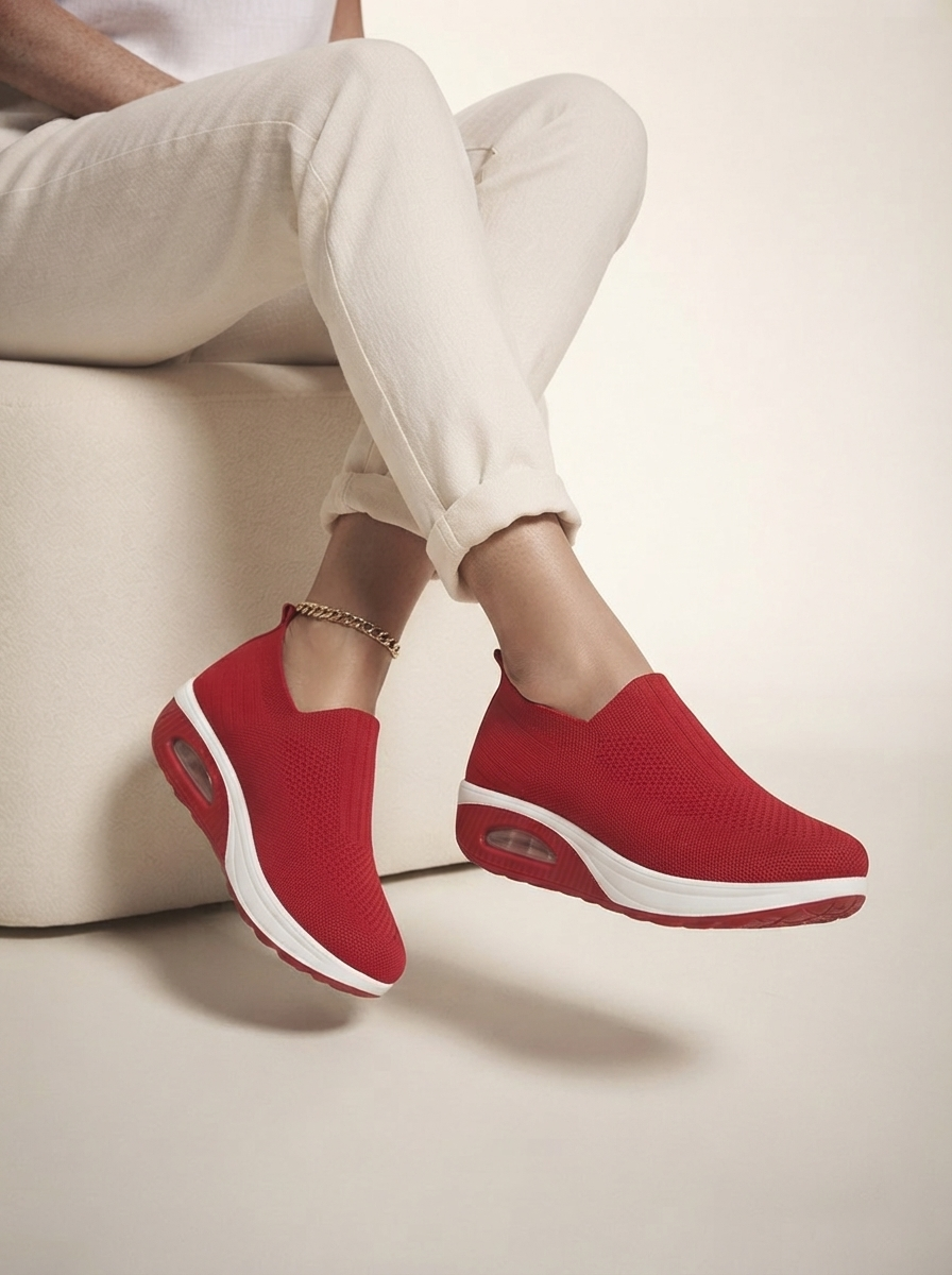 Close-up of model wearing red air-cushion hiking shoes