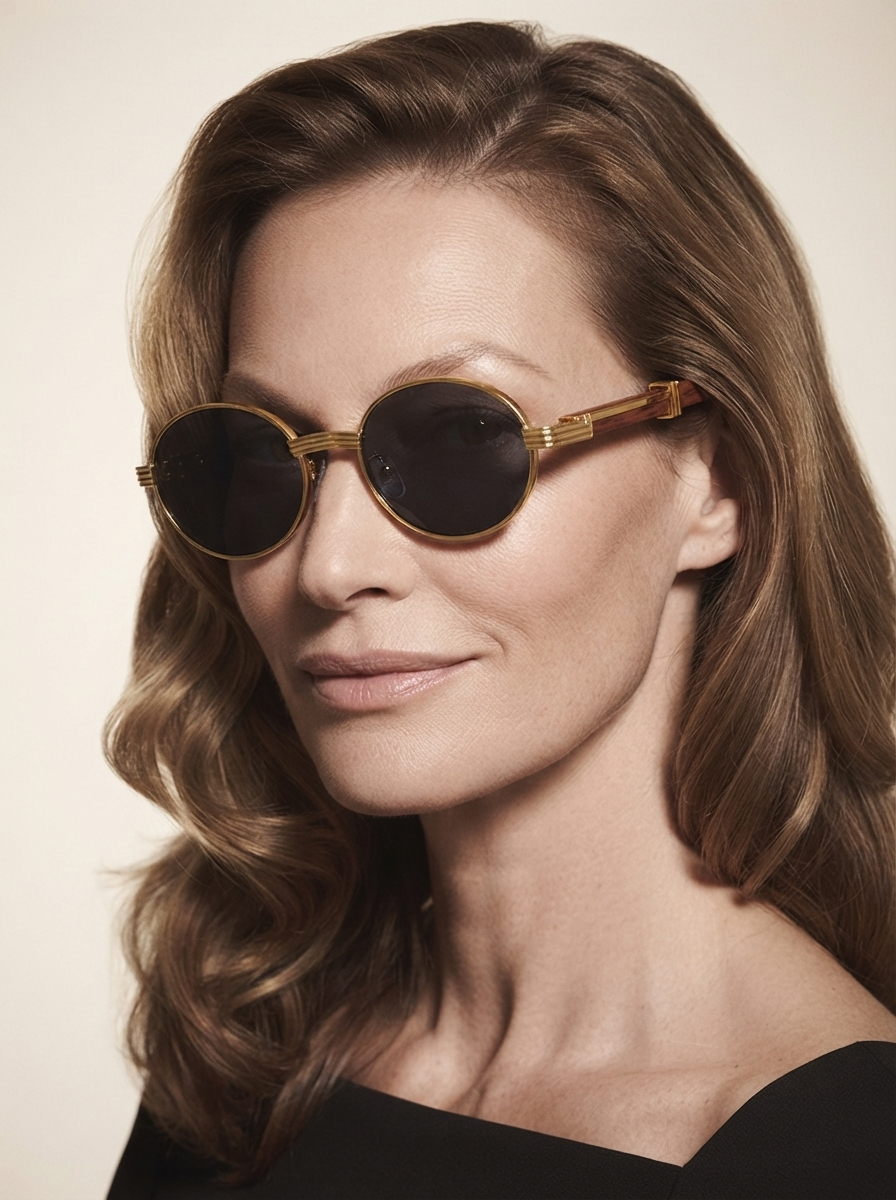 Model wearing gold frame grey lens fashion sunglasses