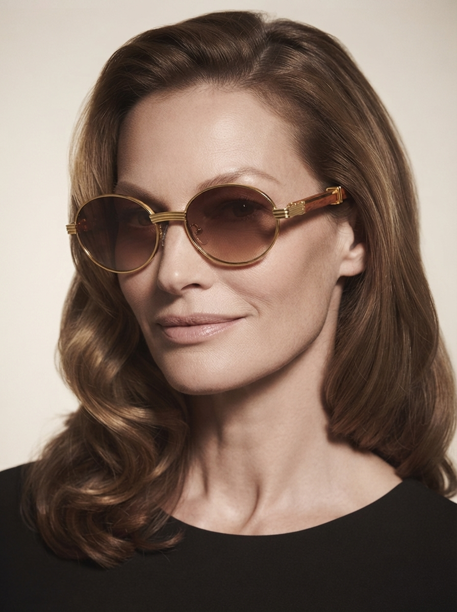 Model wearing gold frame fashion sunglasses