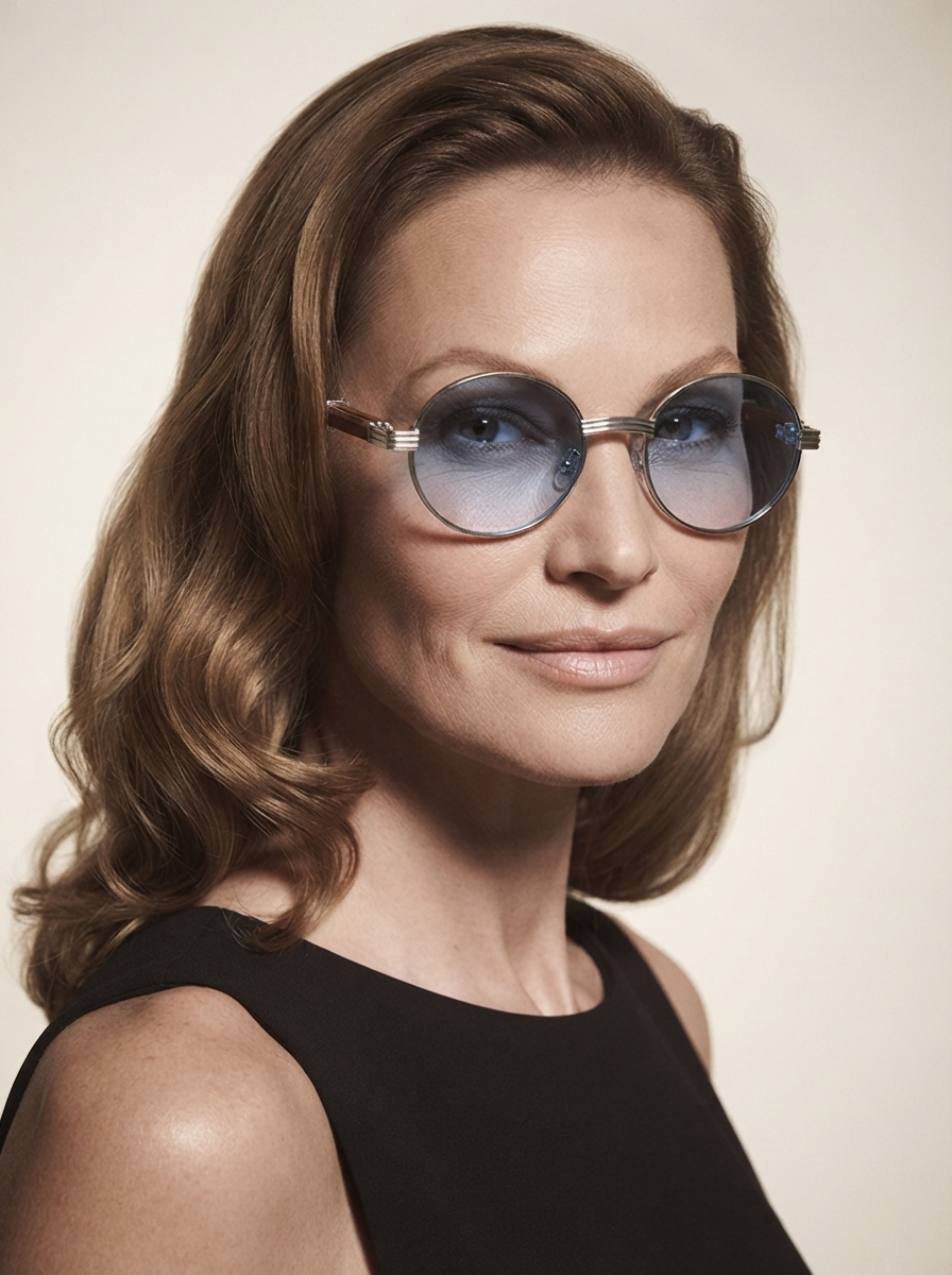 Model wearing silver frame blue lens fashion sunglasses