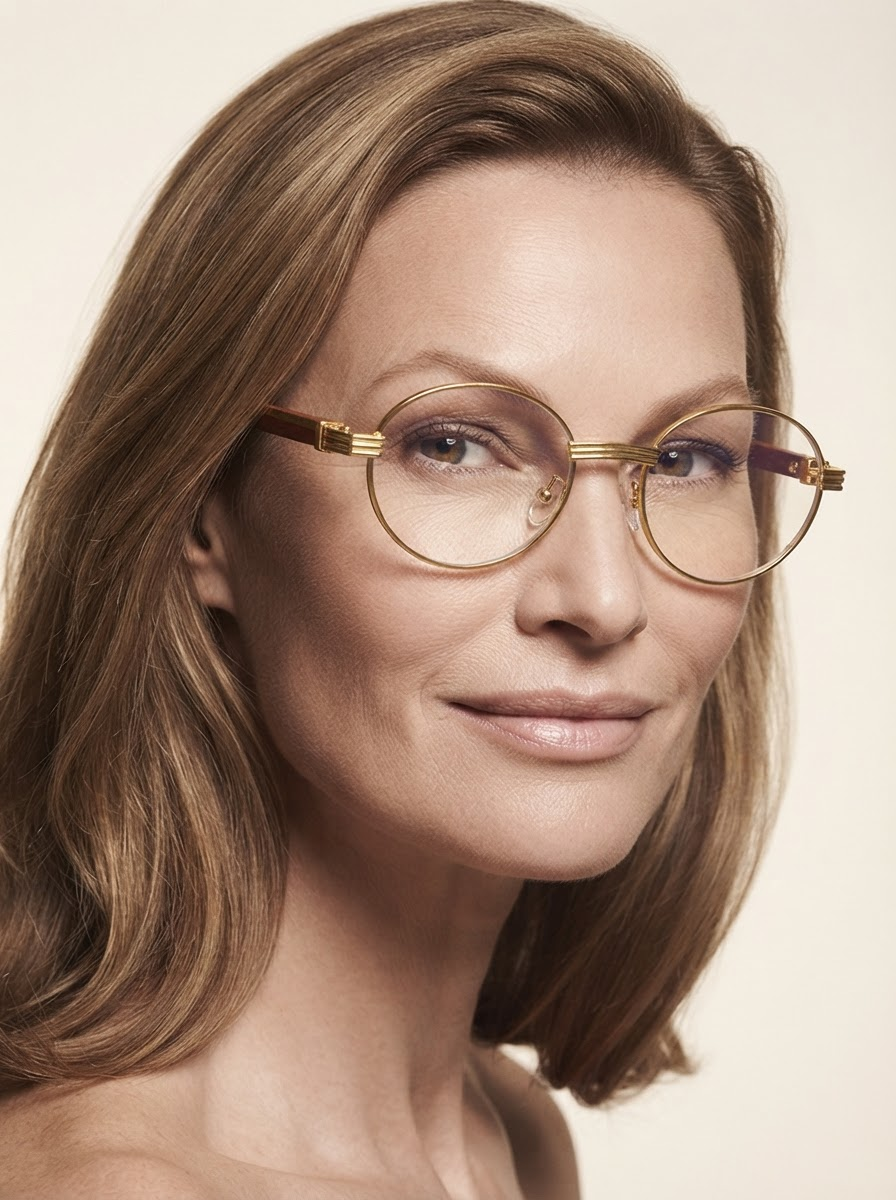 Model wearing gold frame transparent lens fashion glasses