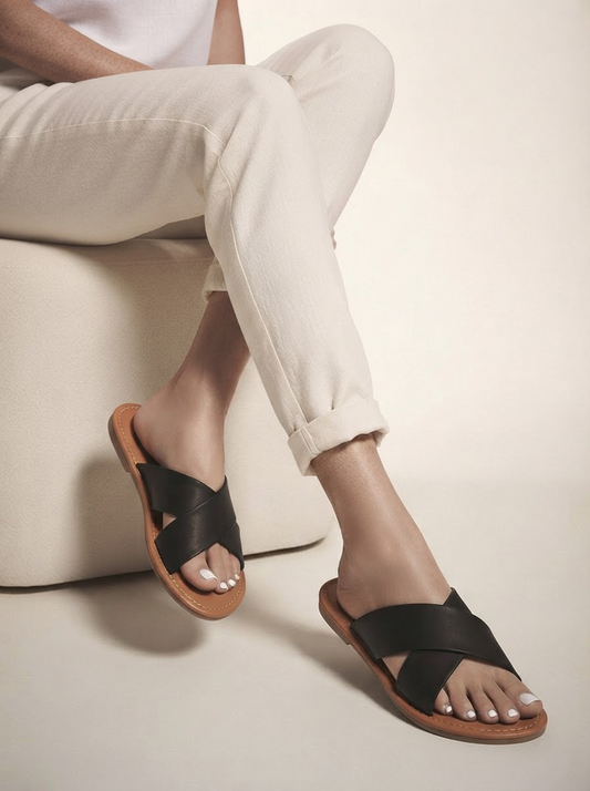 Close-up of model wearing black breathable flat shoes