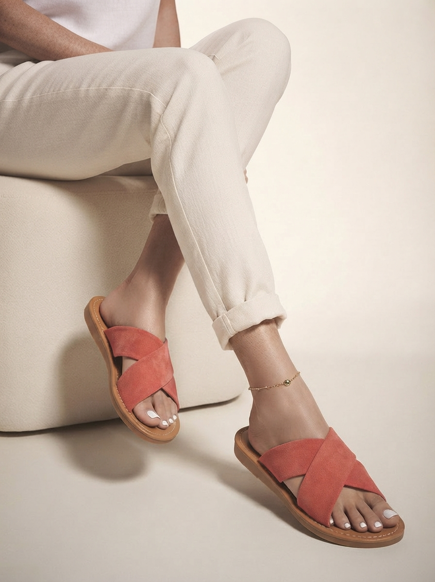 Close-up of model wearing red breathable flat shoes