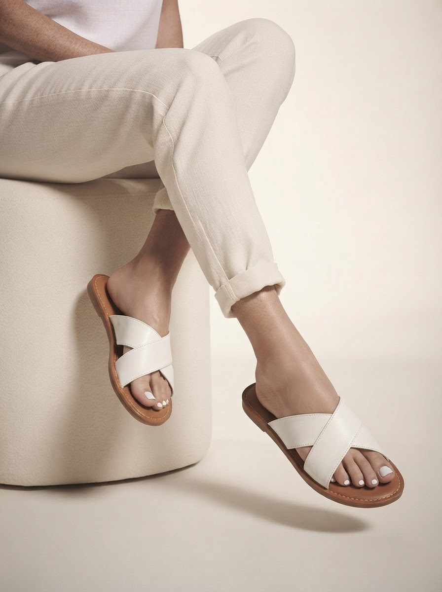 Close-up of model wearing white breathable flat shoes