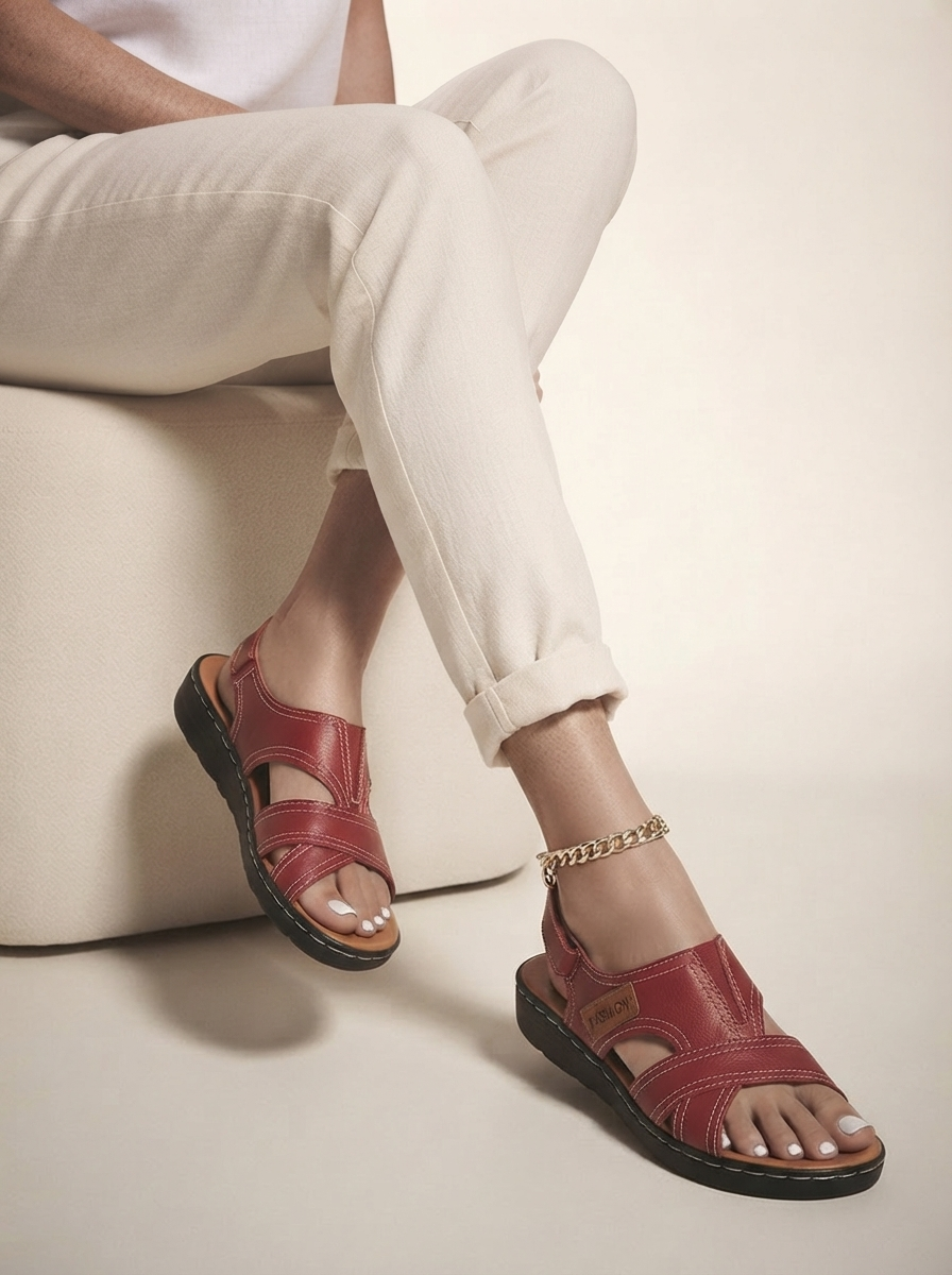 Close-up of model wearing red platform sandals with adjustable strap