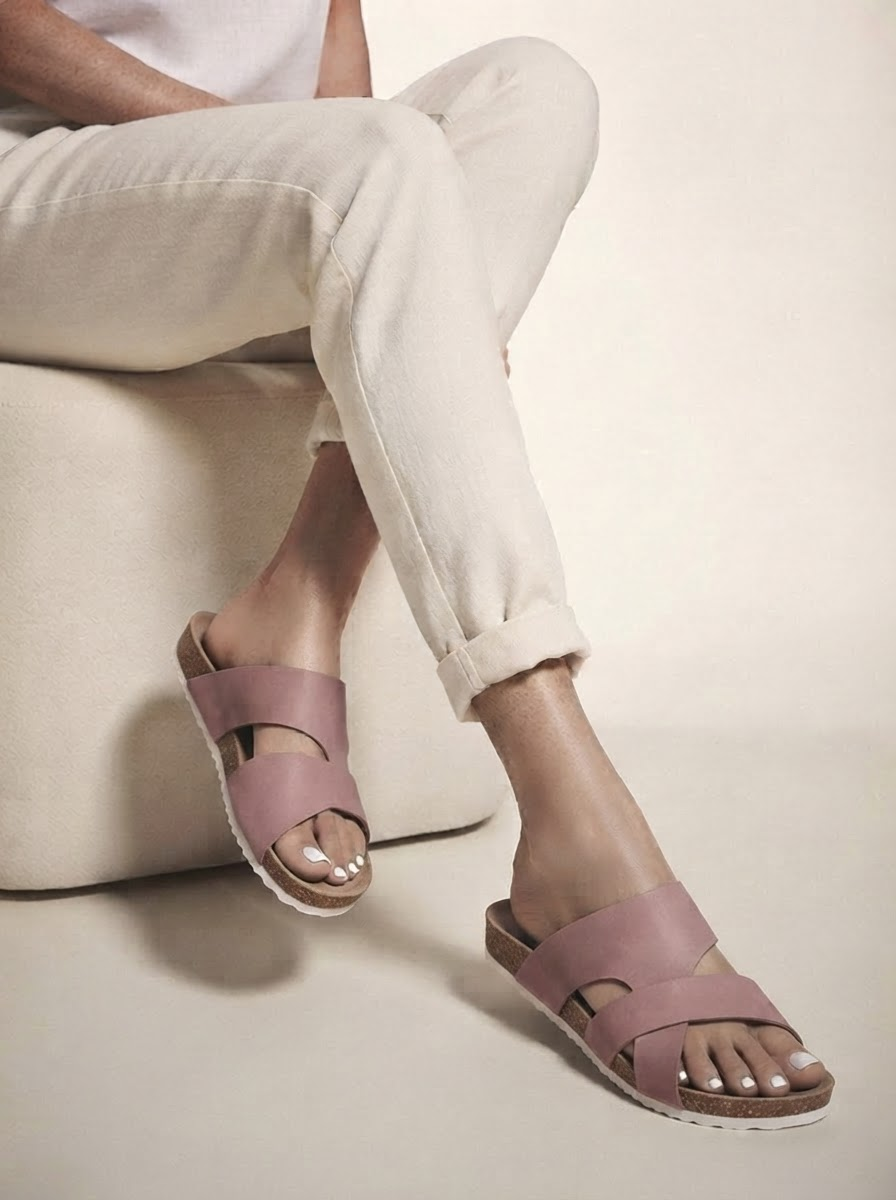 Close-up of model wearing pink open-toe flat comfort sandals