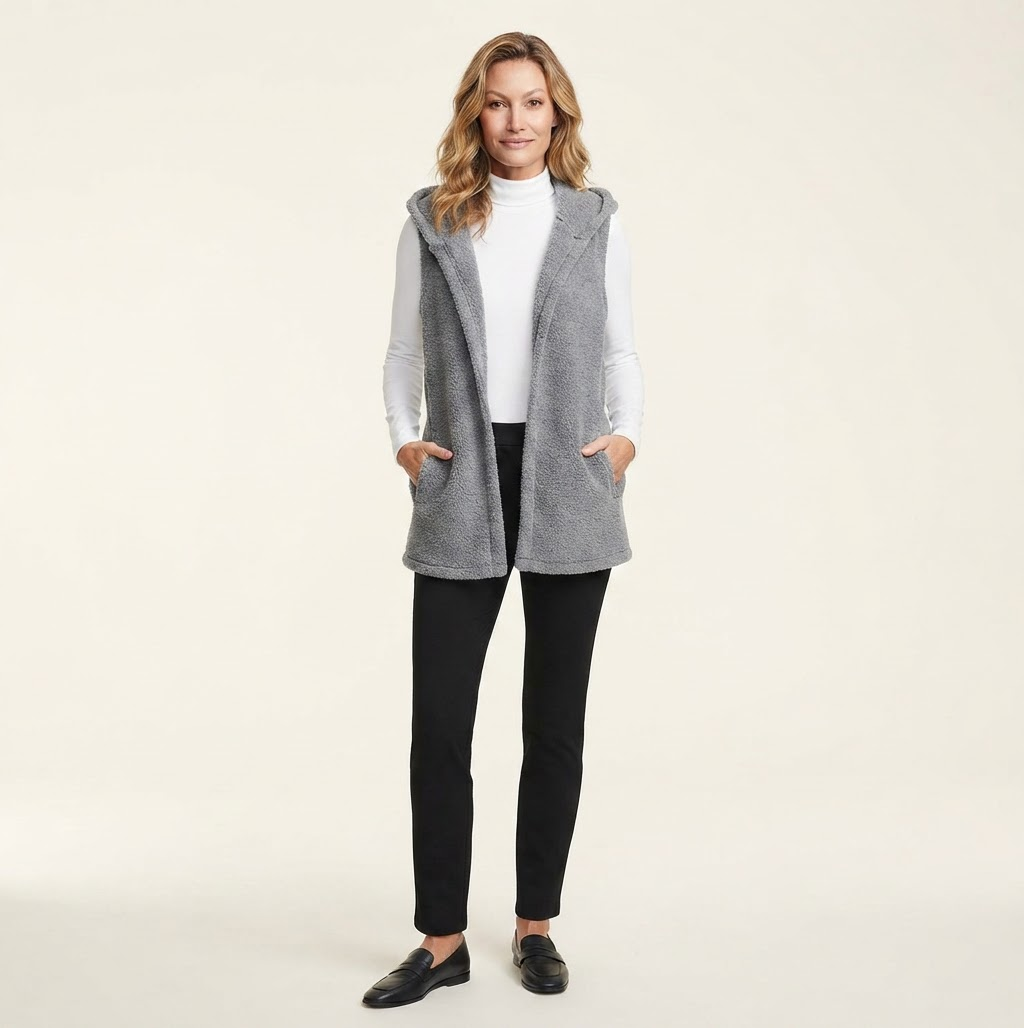 Model wearing grey vest jacket with pockets