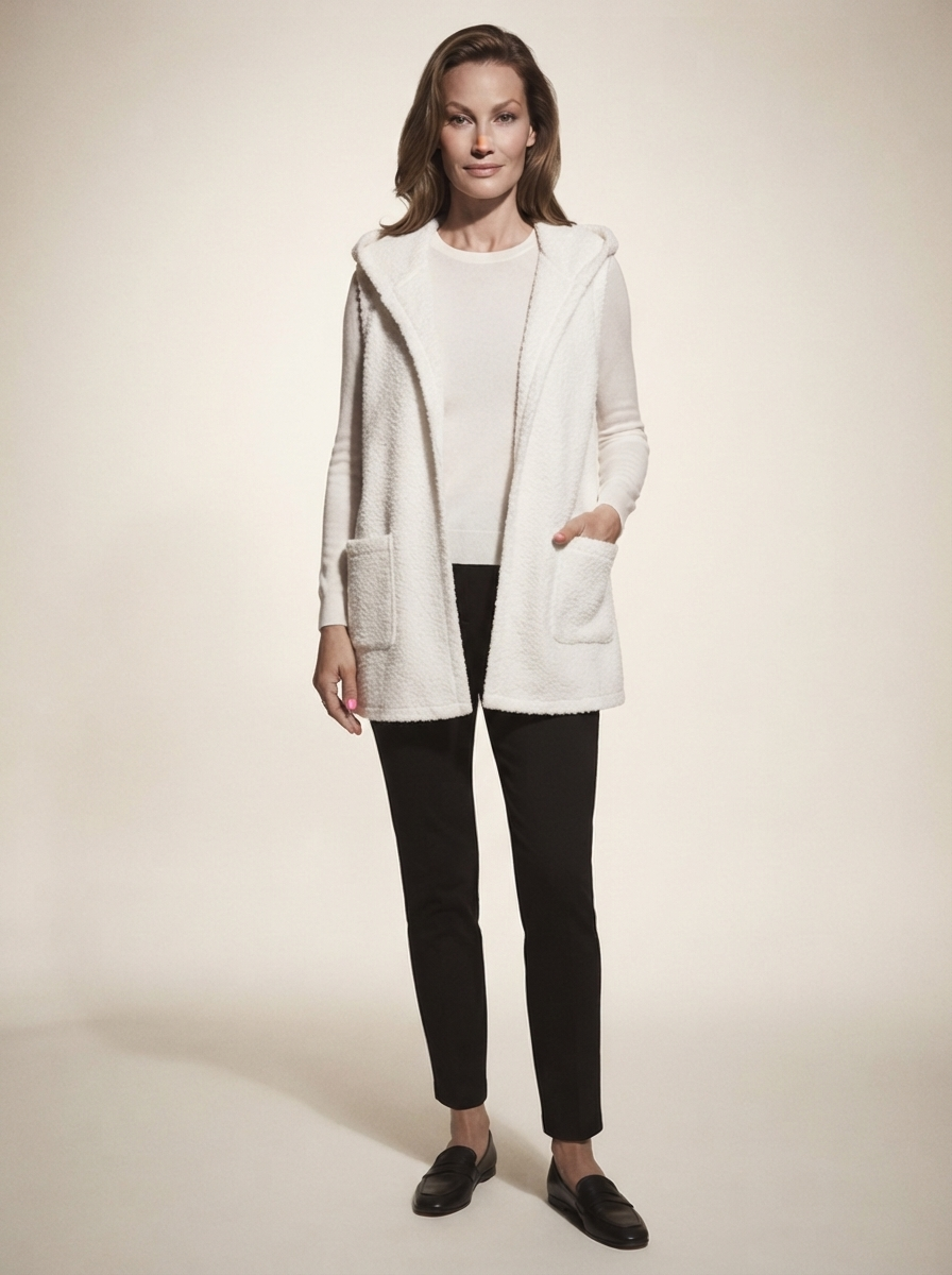 Model wearing white vest jacket with pockets