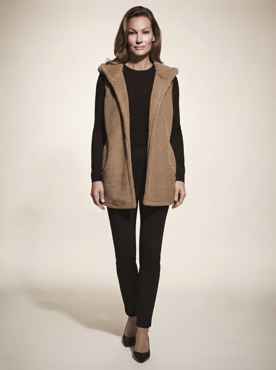 Model wearing khaki vest jacket with pockets