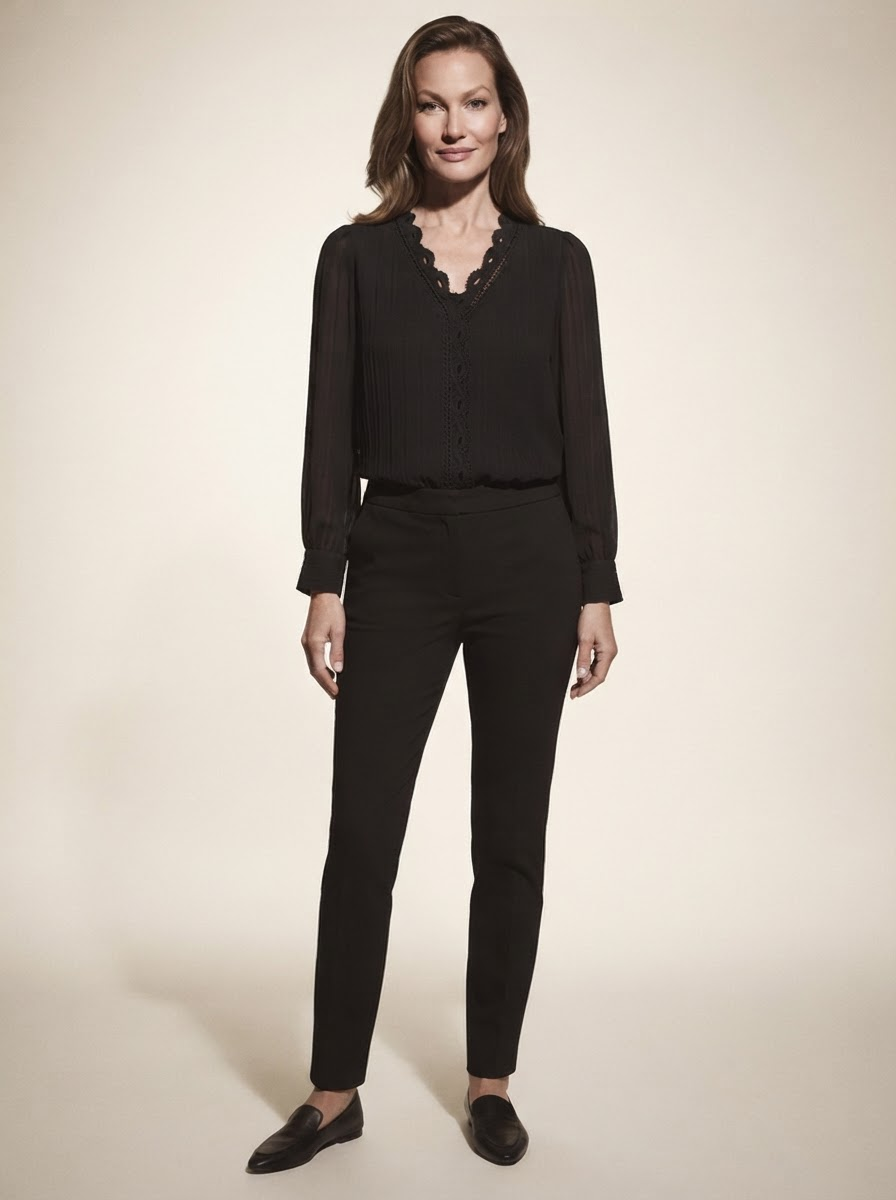 Model wearing black chiffon blouse with lace details