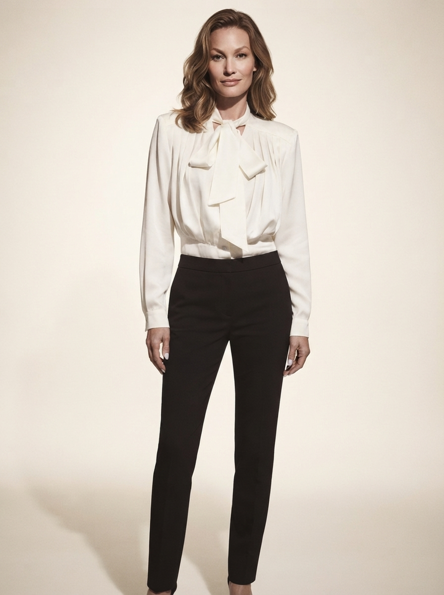Model wearing white tie-waist long sleeve blouse