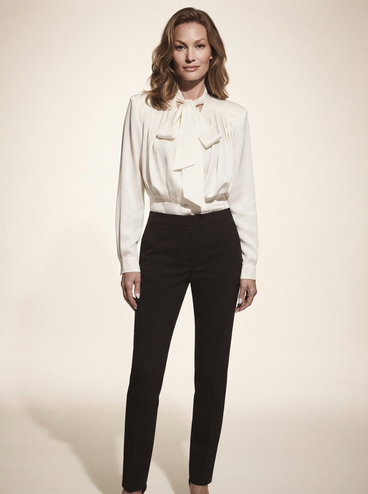 Model wearing white tie-waist long sleeve blouse