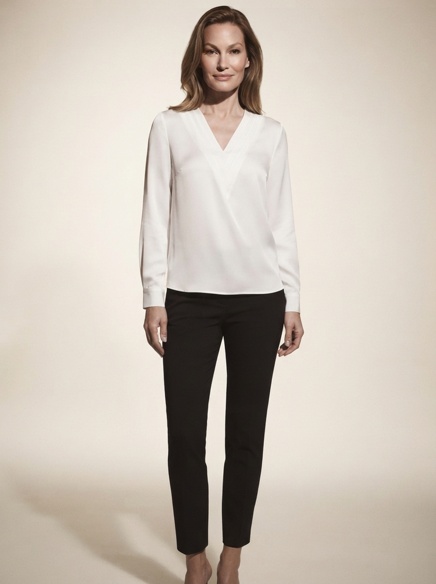 Model wearing white V-neck long sleeve blouse