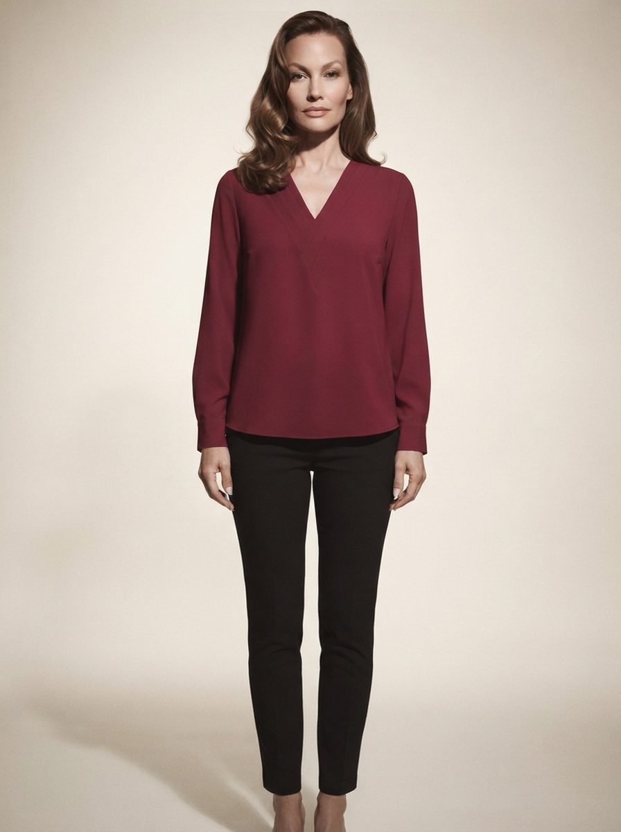 Model wearing wine red V-neck long sleeve blouse