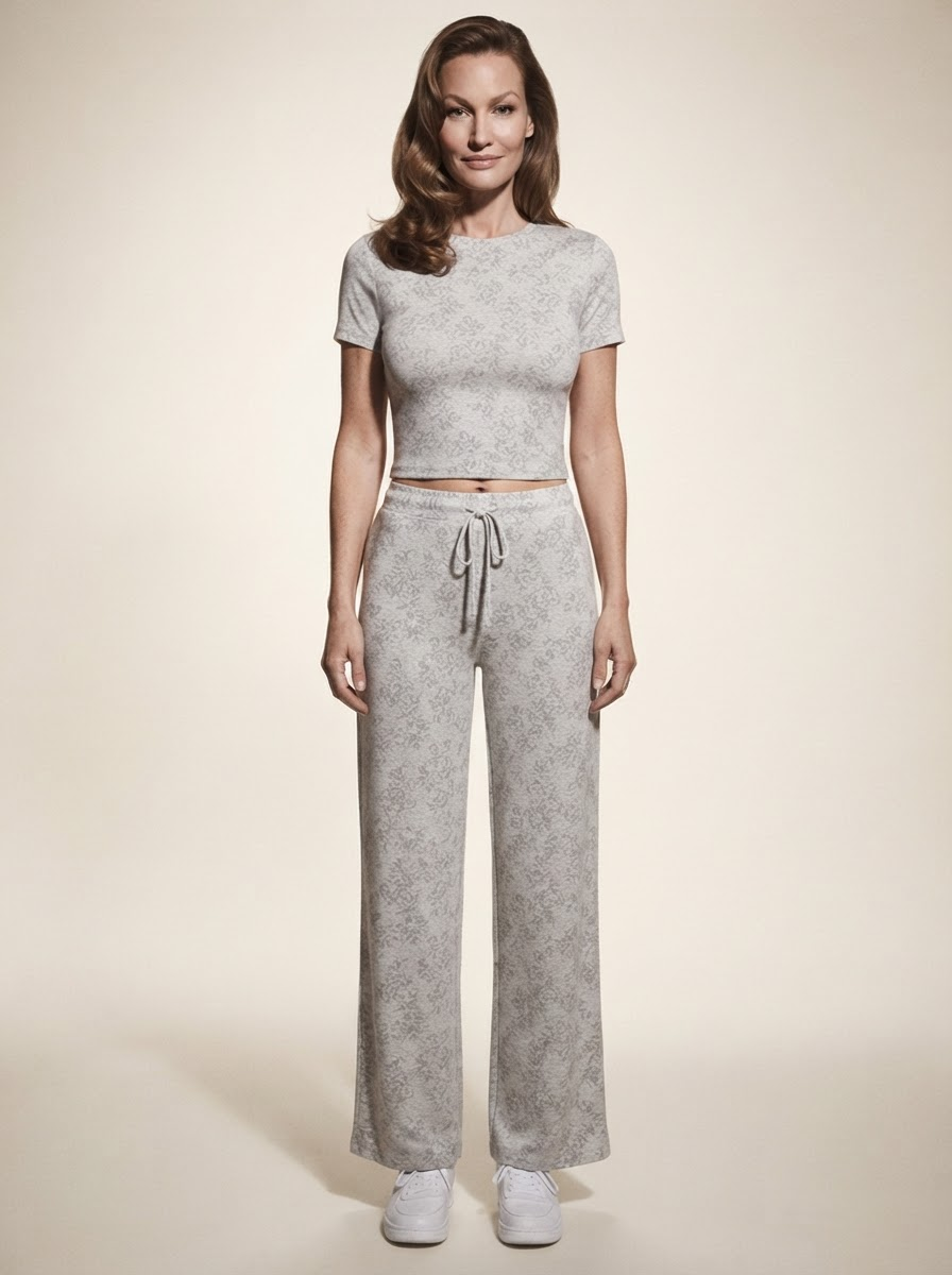 Model wearing white flower gray casual round neck two-piece set