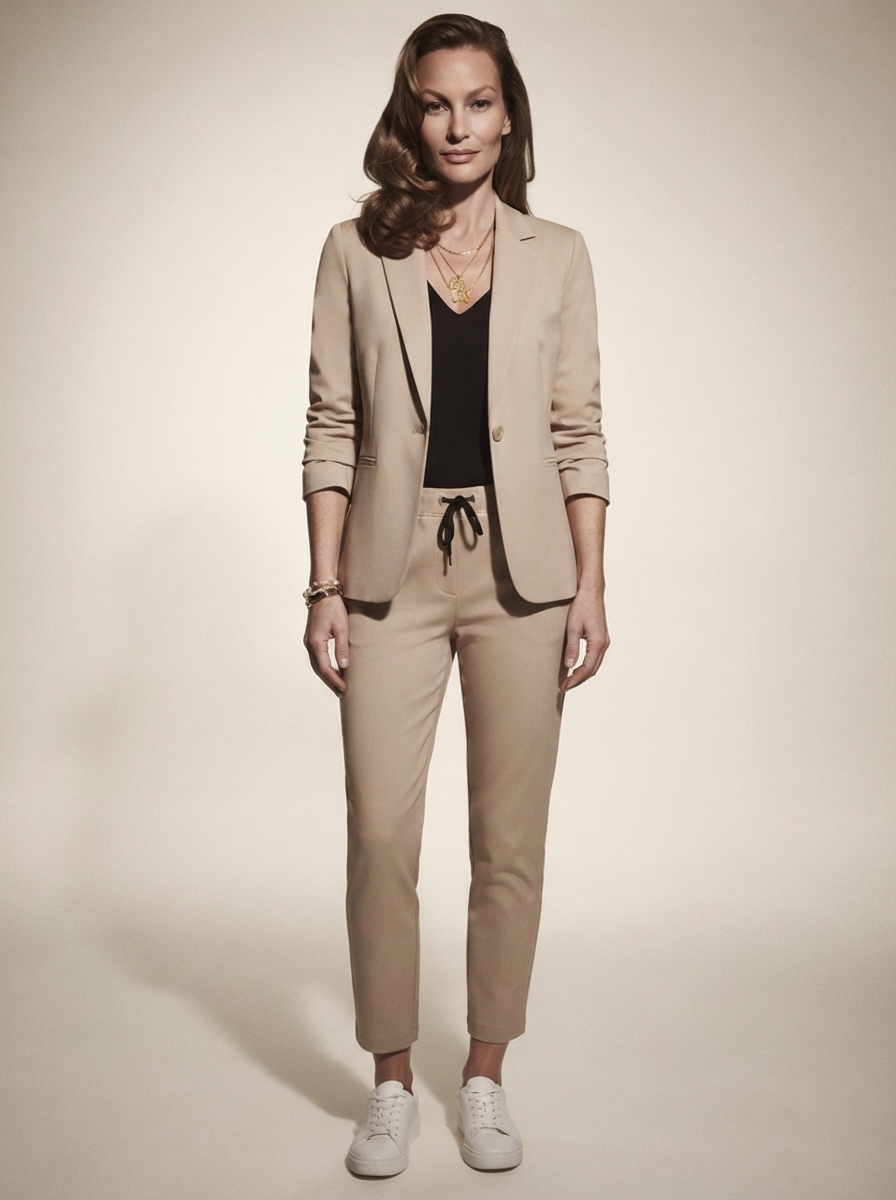 Model wearing beige blazer and trousers office set