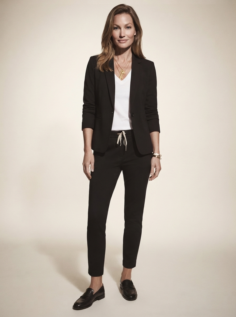 Model wearing black blazer and trousers office set