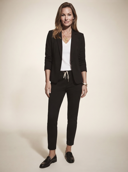 Model wearing black blazer and trousers office set