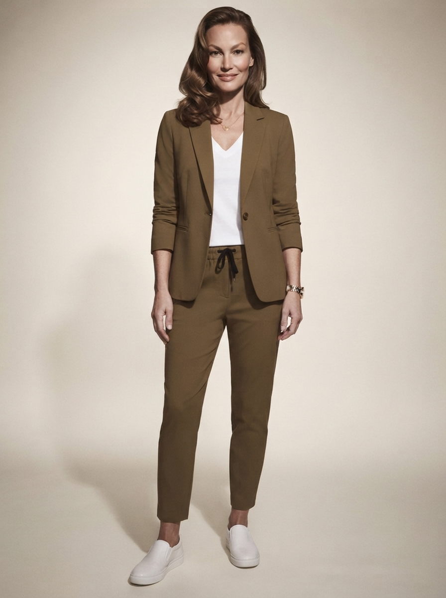 Model wearing brown blazer and trousers office set