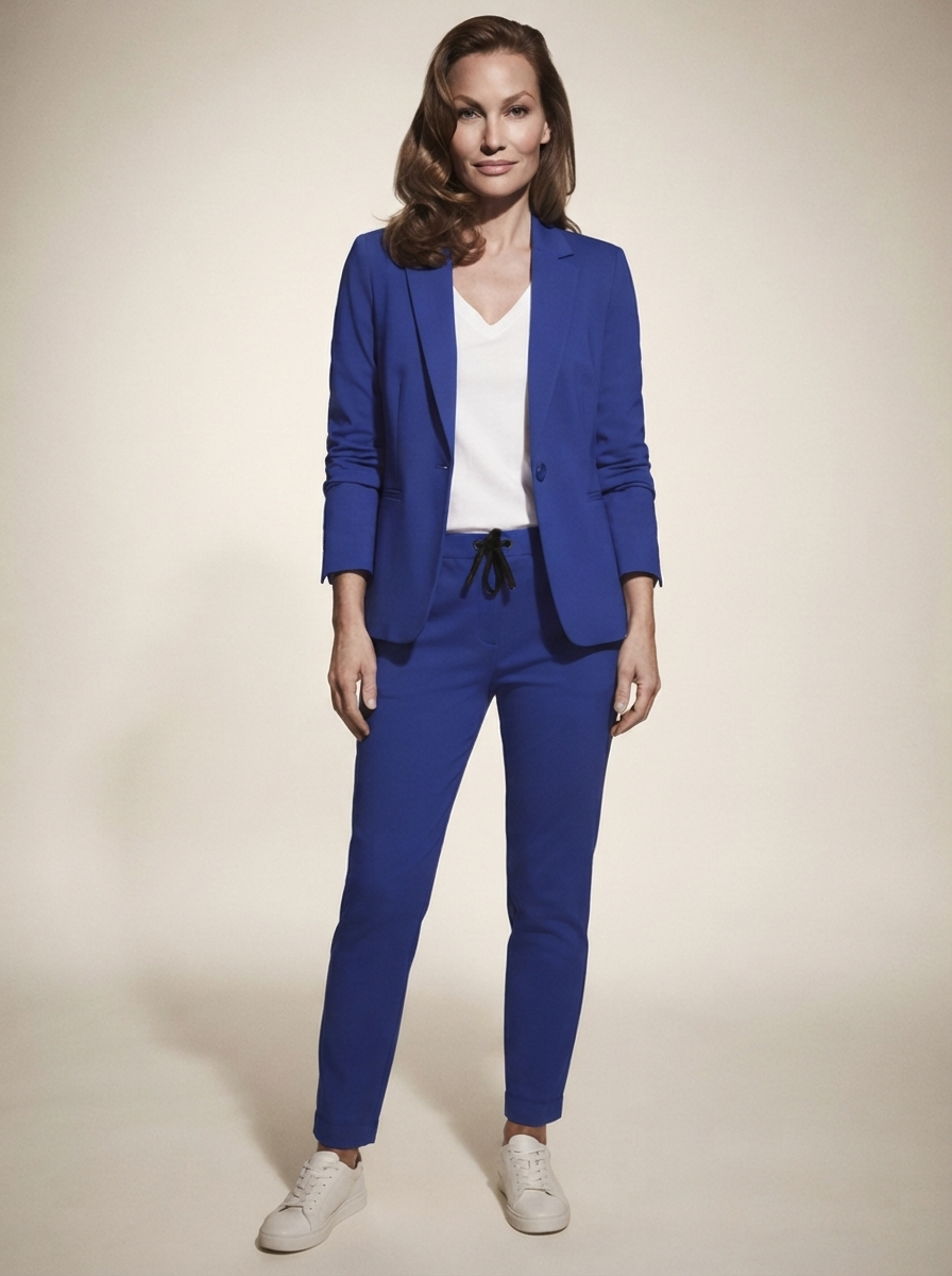 Model wearing blue blazer and trousers office set