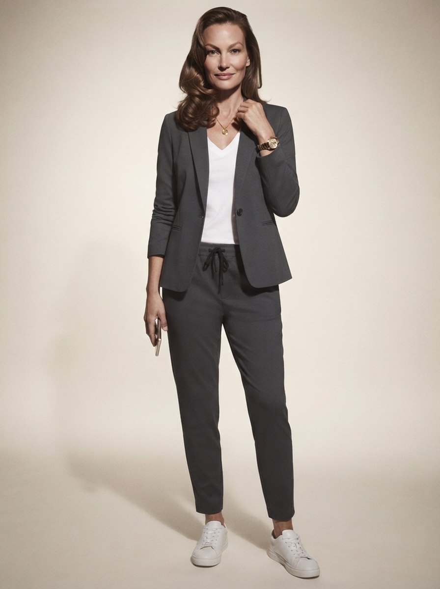 Model wearing grey blazer and trousers office set