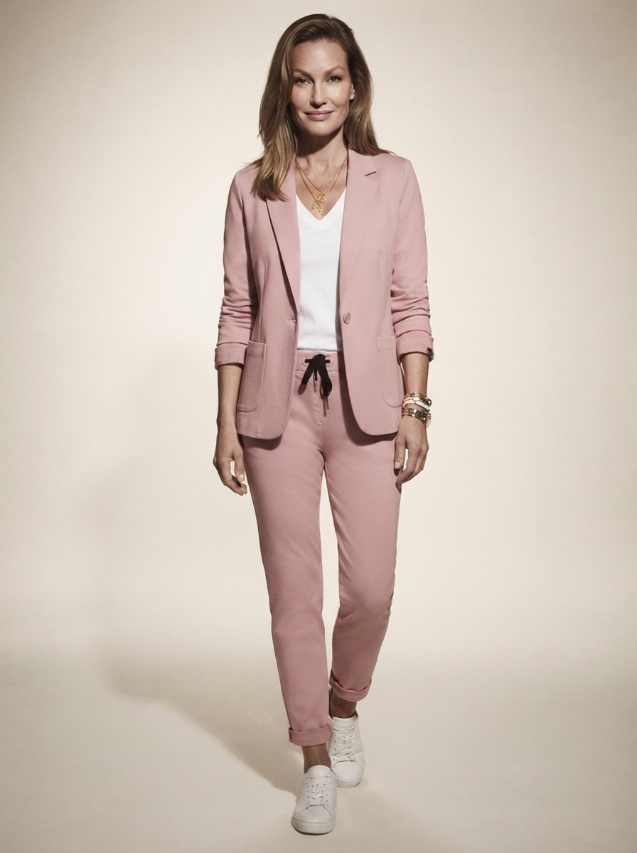 Model wearing pink blazer and trousers office set