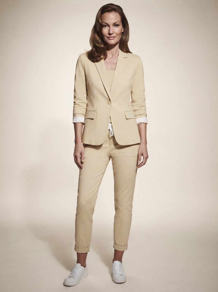 Model wearing apricot blazer and trousers office set