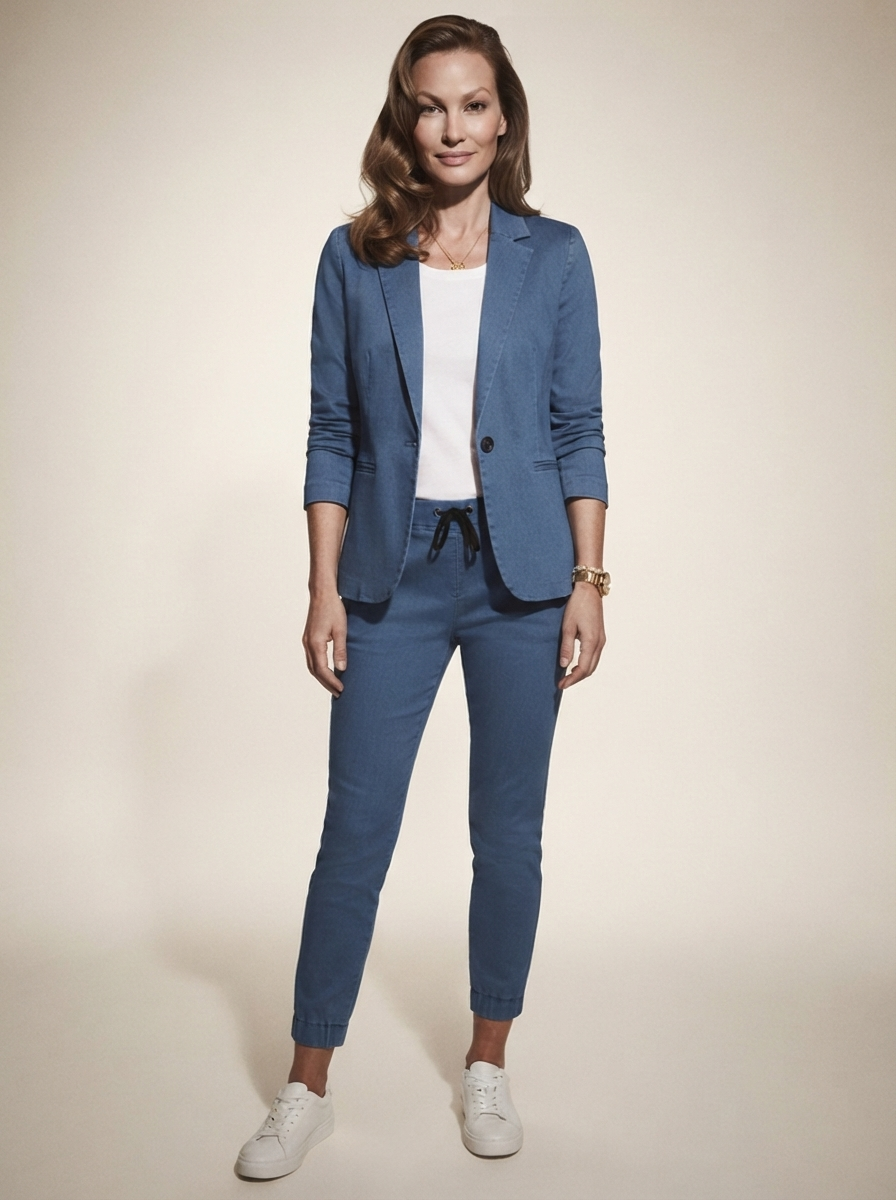 Model wearing denim blue blazer and trousers office set