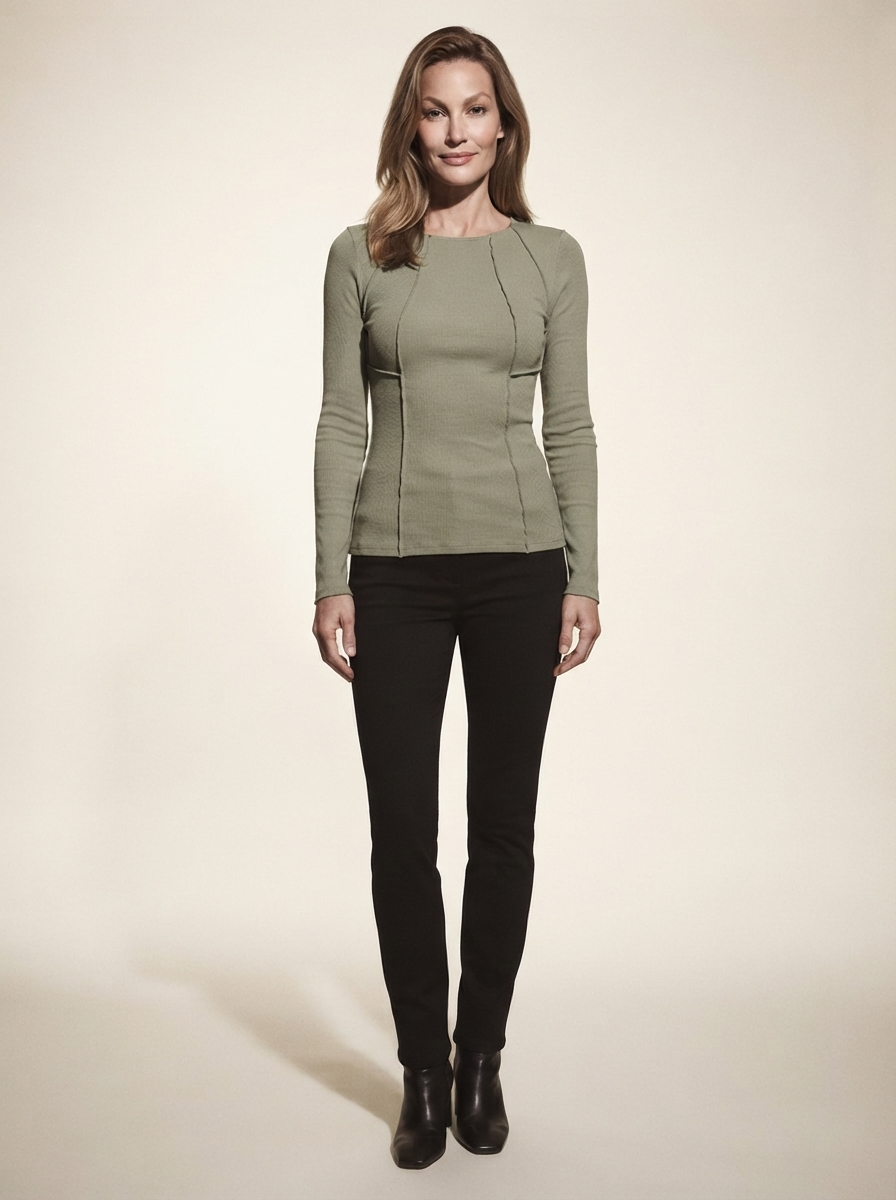 Model wearing bean green slim fit long sleeve knit top