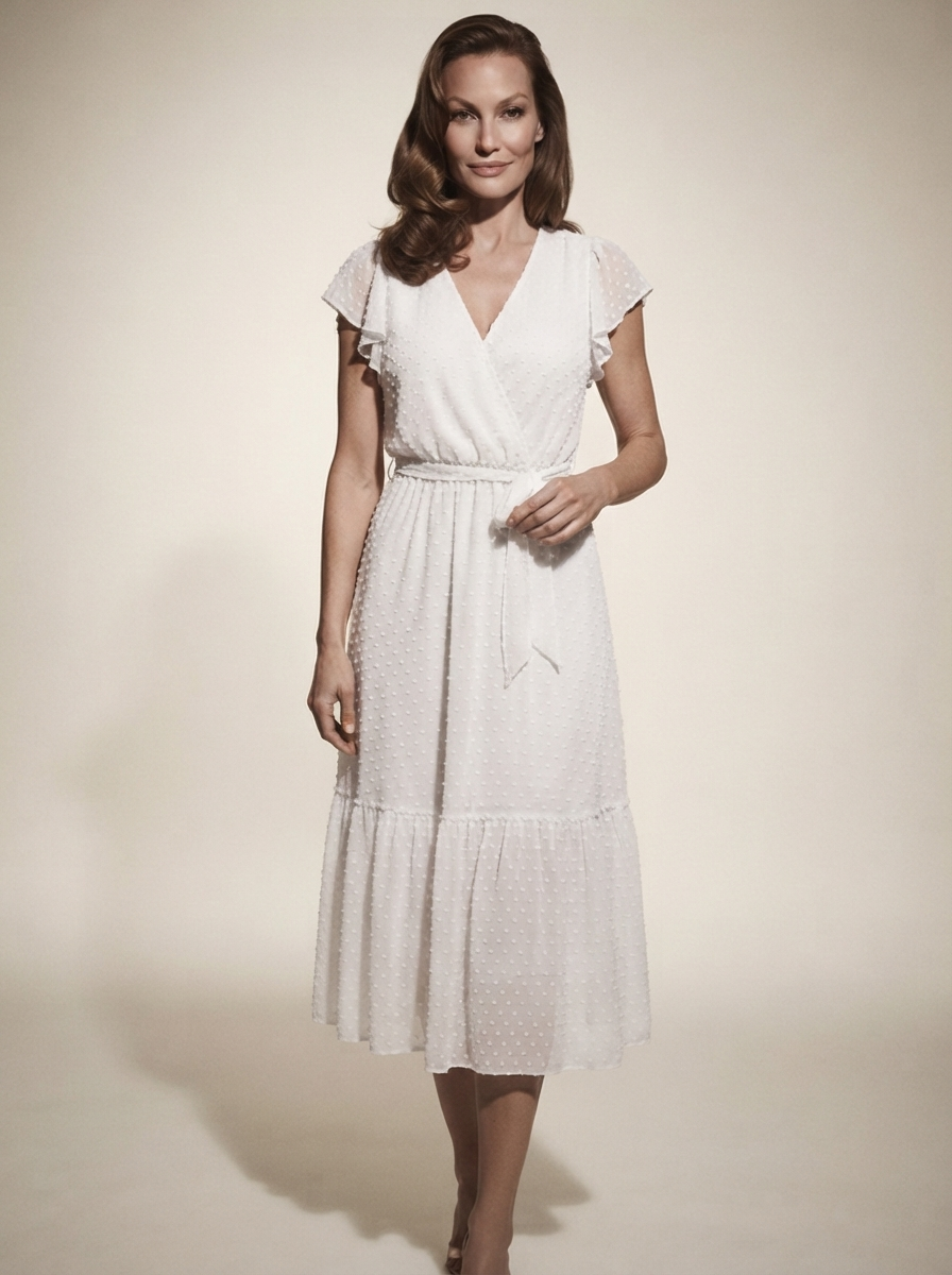 Model wearing white French vintage-style summer midi dress