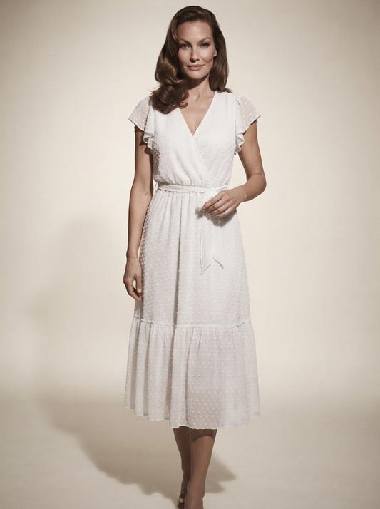 Model wearing white French vintage-style summer midi dress