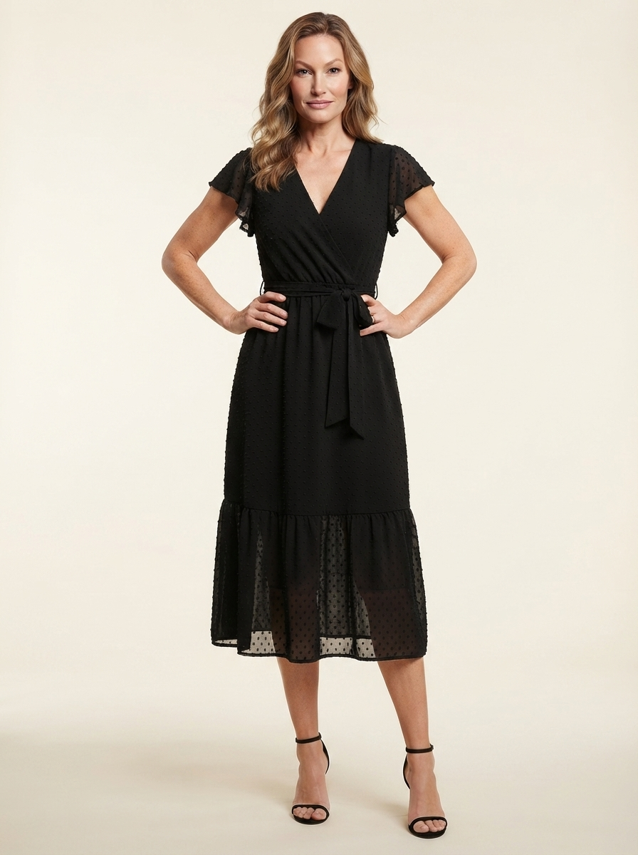 Model wearing black French vintage-style summer midi dress