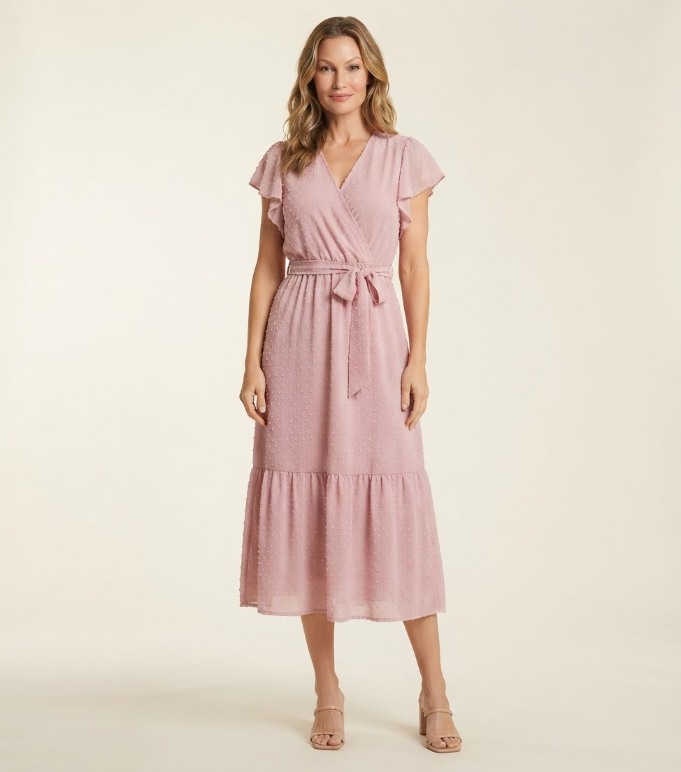 Model wearing pale pink French vintage-style summer midi dress