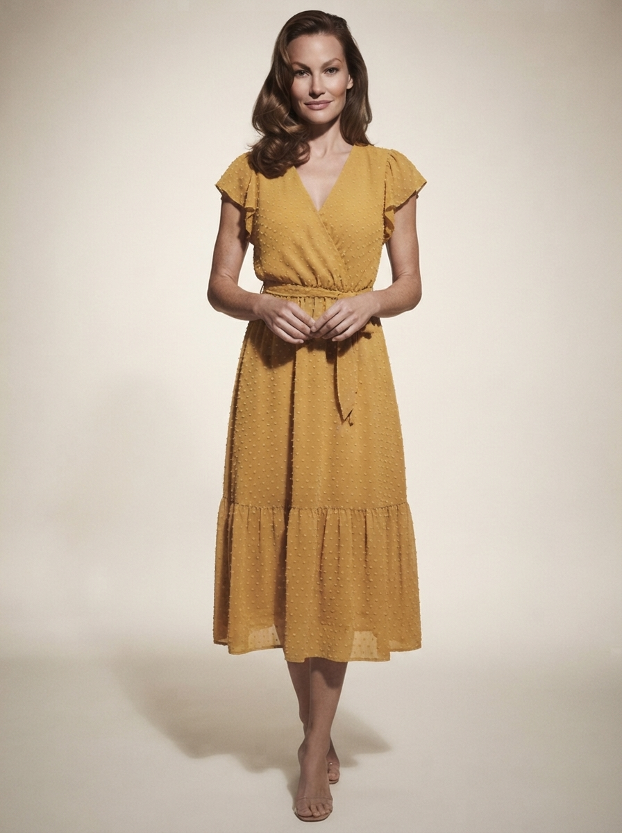 Model wearing golden yellow French vintage-style summer midi dress