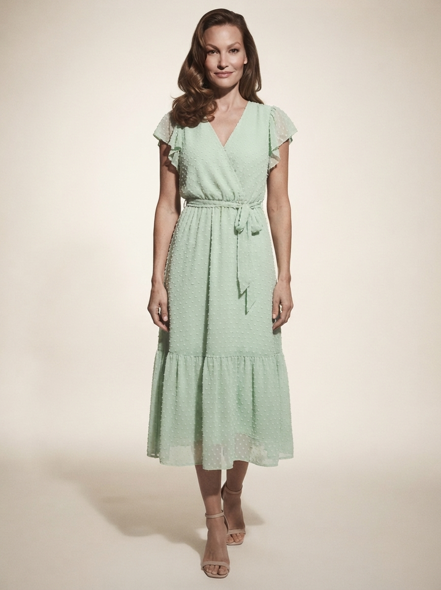 Model wearing light green French vintage-style summer midi dress
