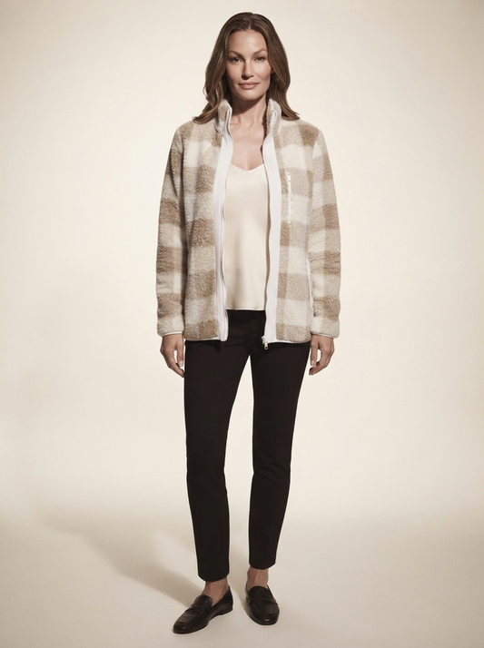Model wearing khaki plaid plush coat with zip pockets