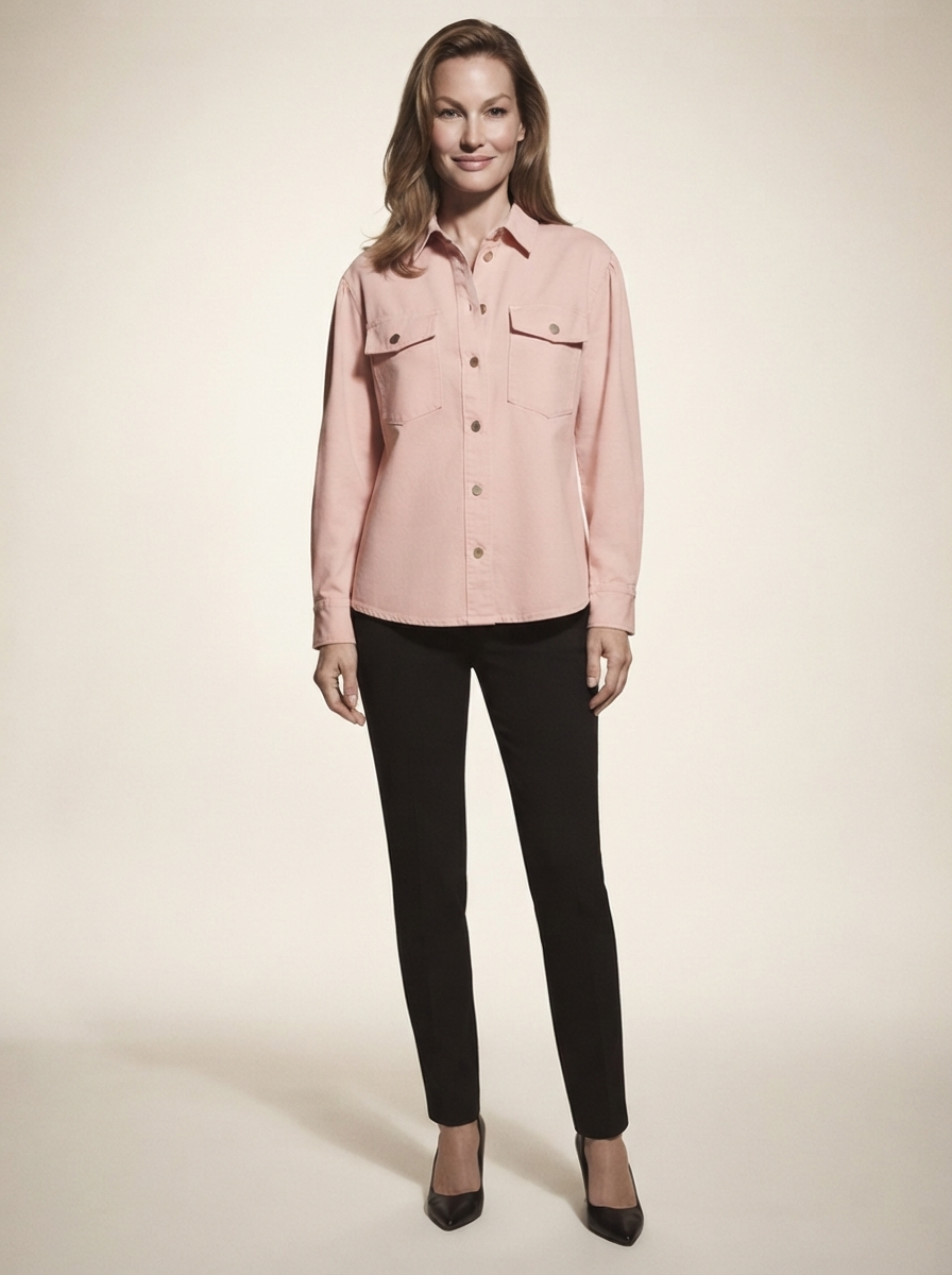 Model wearing pink long sleeve blouse with pockets