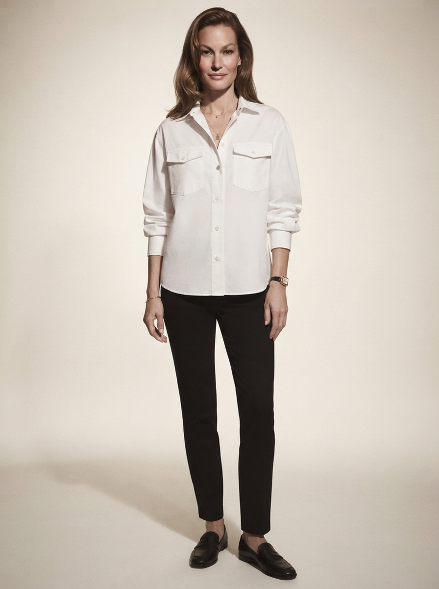 Model wearing white long sleeve blouse with pockets