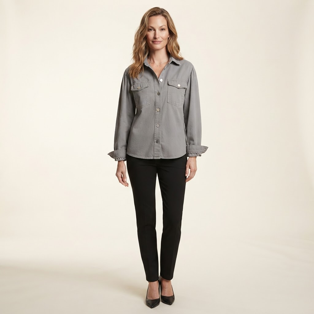 Model wearing grey long sleeve blouse with pockets