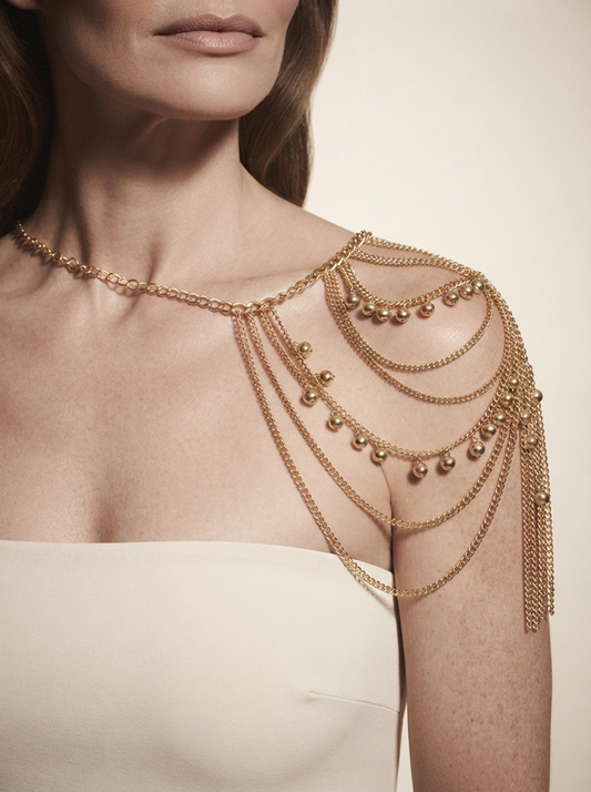 Close-up of model wearing gold-tone multi-layer tassel body chain