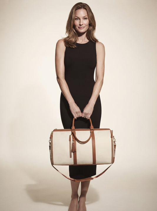 Model carrying beige foldable vegan leather duffle bag
