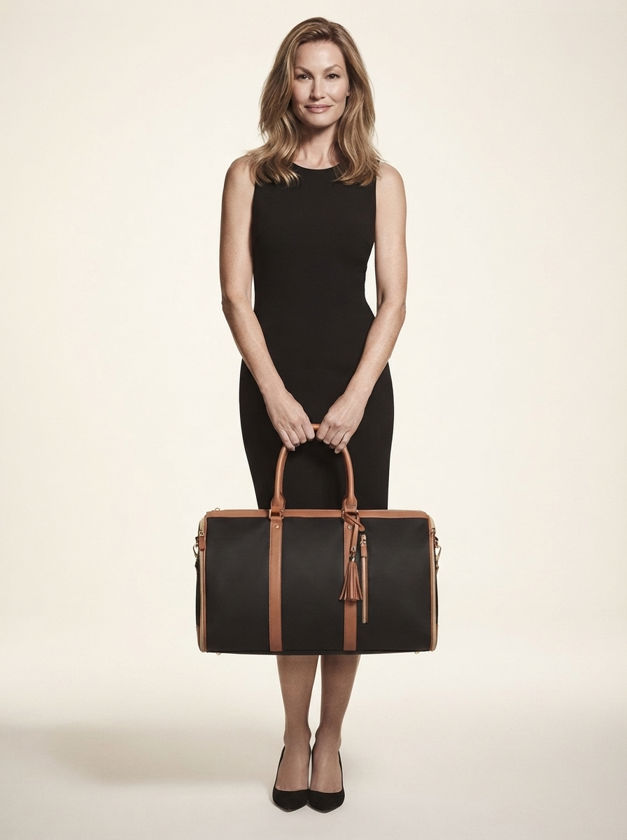 Model carrying black foldable vegan leather duffle bag