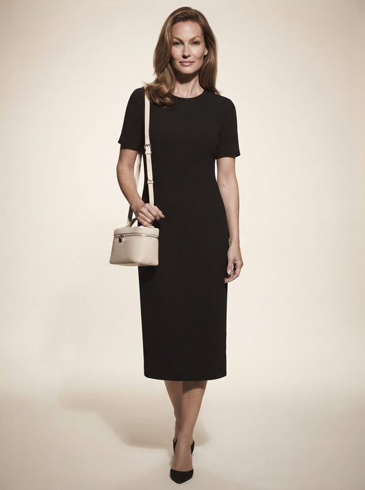Model carrying beige vegan leather shoulder bag