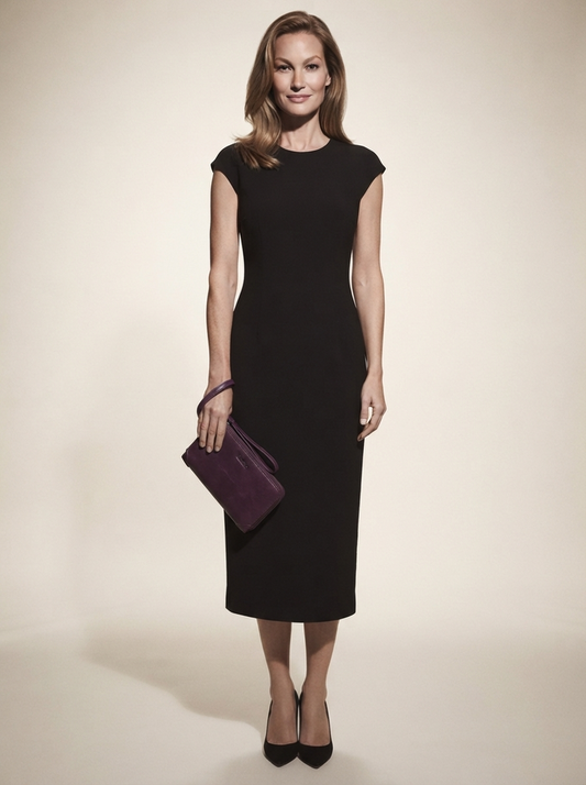 Model holding purple vintage-style clutch bag