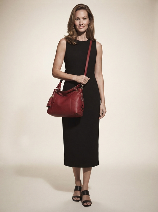 Model carrying red soft vegan leather crossbody shoulder bag