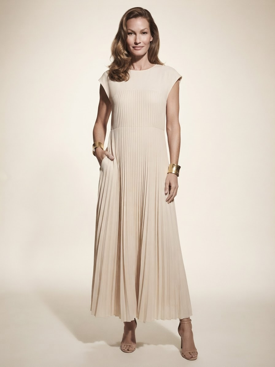 Model wearing beige high-waist pleated maxi dress
