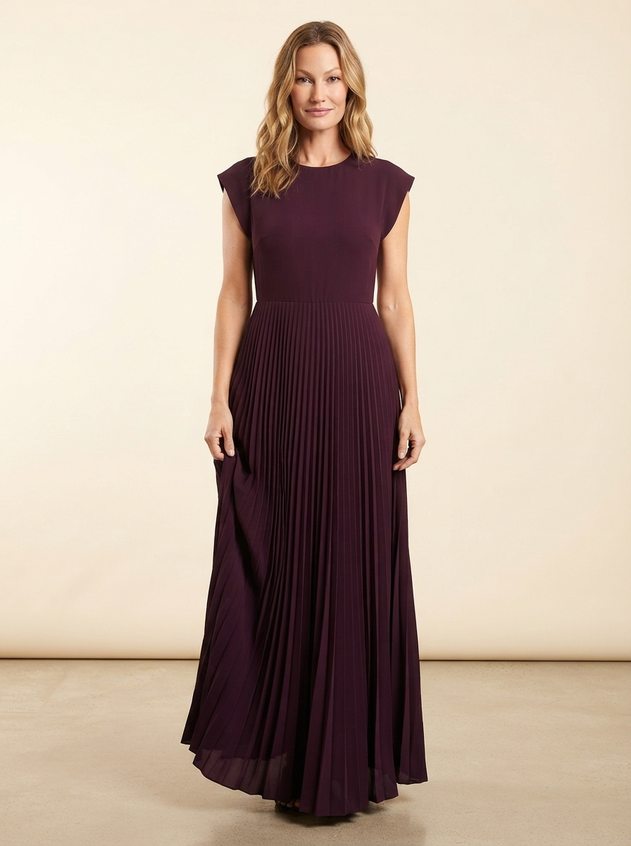 Model wearing purple high-waist pleated maxi dress
