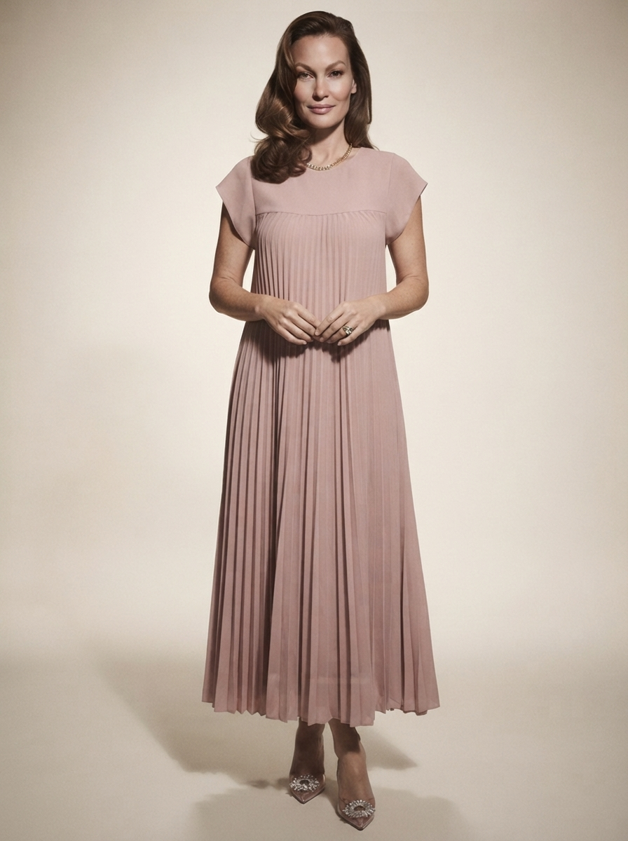 Model wearing pink high-waist pleated maxi dress