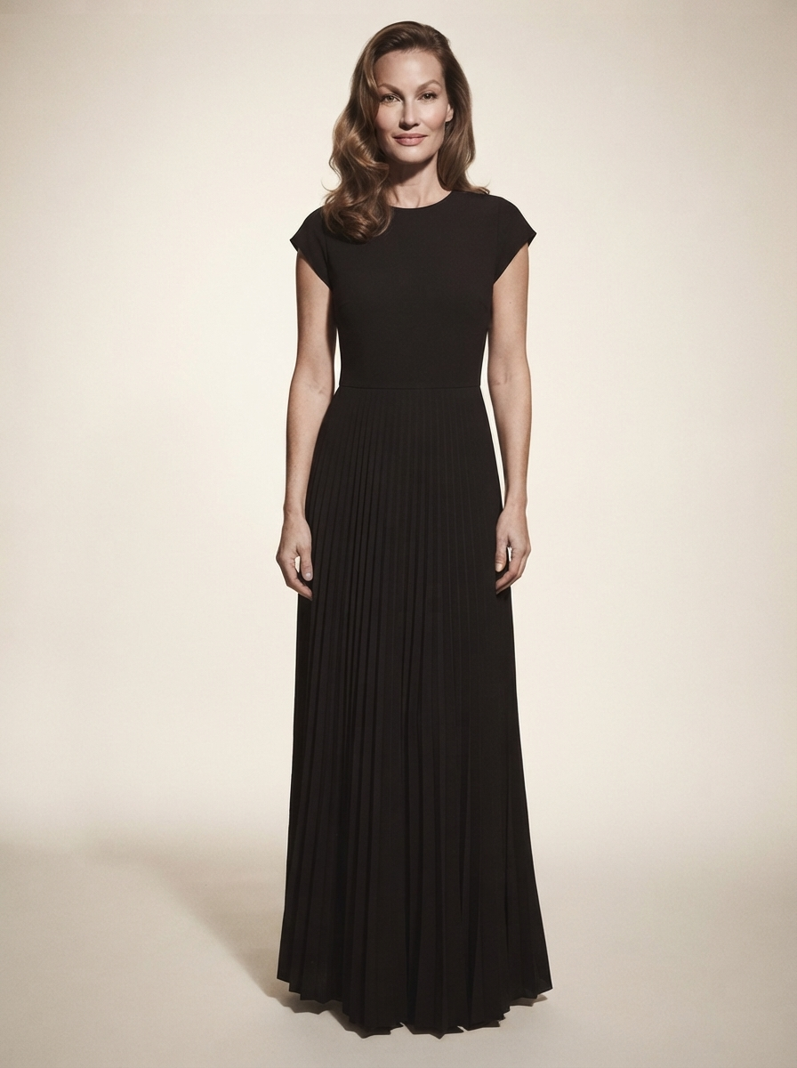 Model wearing black high-waist pleated maxi dress