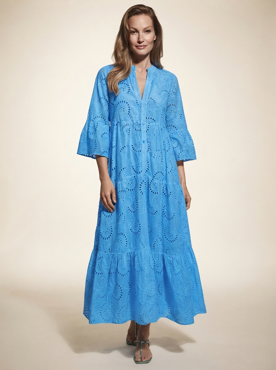 Model wearing blue lace v-neck bell sleeve maxi dress